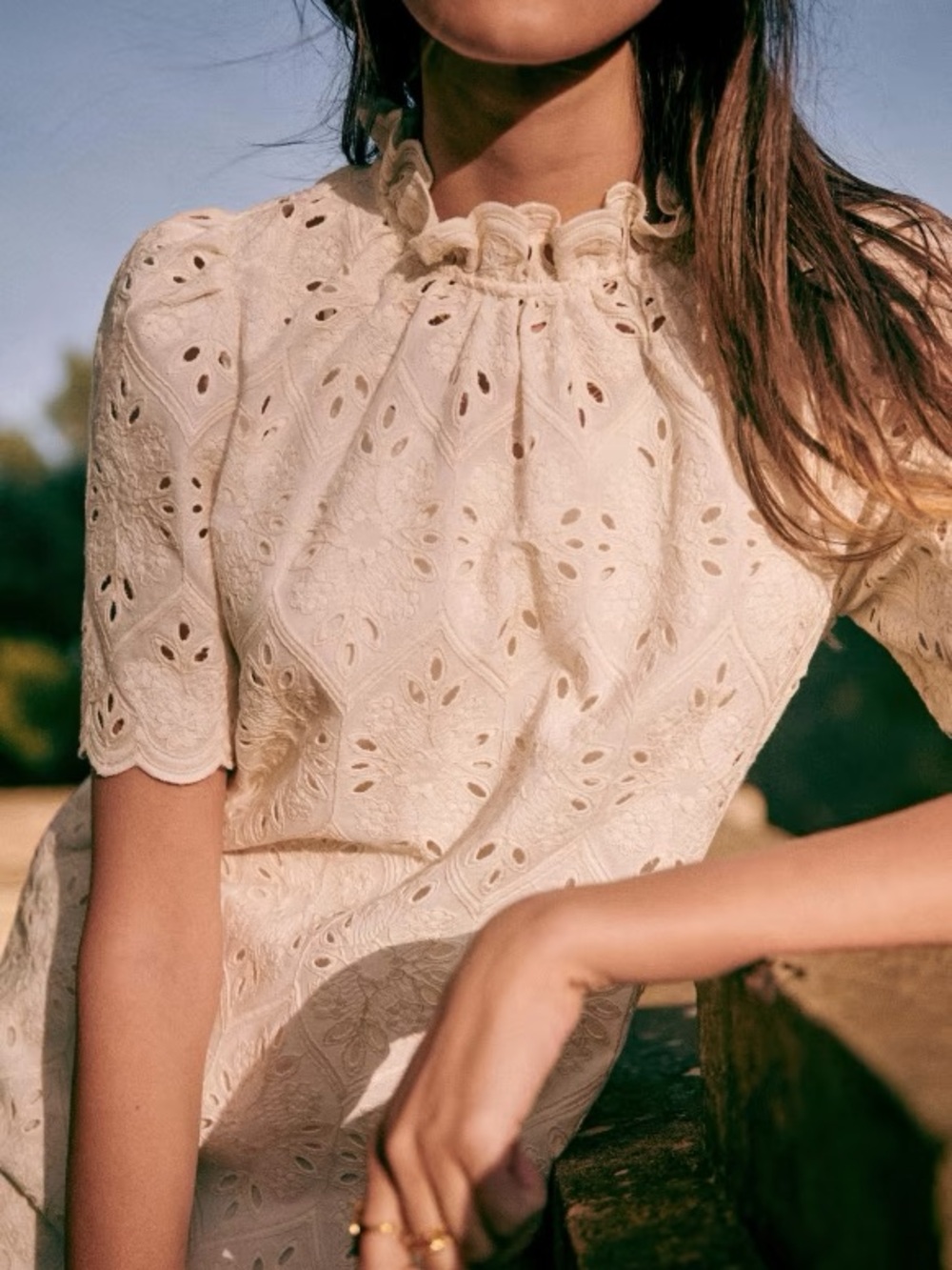 Sezane Cream Eyelet Ruffle-Neck Blouse